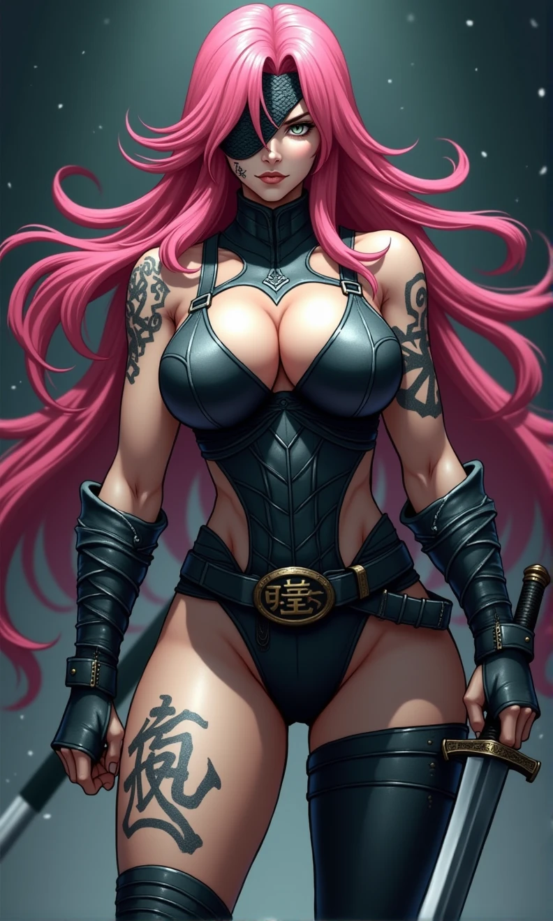Create an imposing woman with a voluptuous and muscular body, exuding both raw strength and combative grace. She should have long, vibrant pink hair cascading in wild waves, enhancing her fierce and untamed look. Her attire should be dark, similar to Sukuna's, tightly fitting her powerful physique. The clothing should have detailed contours and forms reminiscent of Baiken's armor, blending tradition with menace.

Her skin should be marked with tattoos and cursed marks, symbolizing deep and terrifying power, reflecting her mastery over dark arts. Her face should be partially covered by a mask similar to Sukuna's, giving her an aura of mystery and danger. She has four eyes, with one covered by an eyepatch, suggesting a battle-hardened experience and a past that has forged her into an unstoppable queen.

In one of her four hands, she should hold a katana, ready to unleash her fury. The overall appearance should be fearsome, presenting her as the queen of curses, a figure who knows no rival. The drawing should closely resemble the art style of Jujutsu Kaisen, with sharp, detailed lines and a dark, ominous atmosphere. High resolution with detailed textures and vibrant colors.