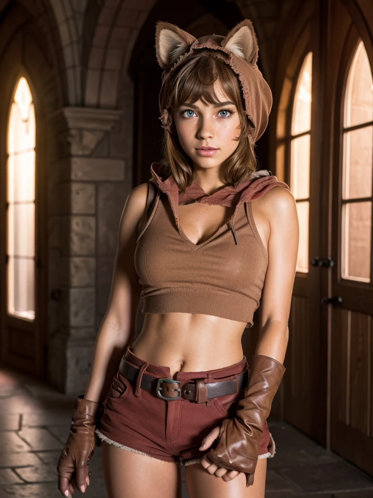 full body, a hot 12 year old girl with no sleeves, red shorts, belt, ripped socks, cleavage, brown boots, beautiful detailed eyes, animal ears, hood, beautiful detailed lips, gloves, extremely detailed face, long eyelashes, photorealistic, high quality, highly detailed, 8k, masterpiece, realistic, studio lighting, natural lighting, soft lighting, warm colors, pastel colors, vibrant colors, in a dungeon