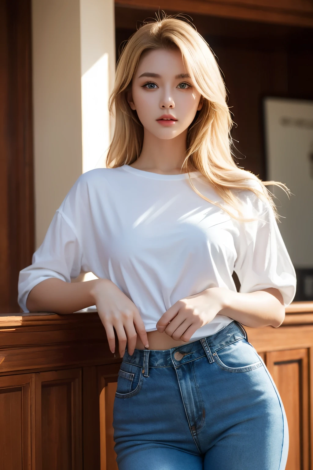 best quality, high resolution, ultra detailed, realistic, fashion model shoot, a blonde woman, green eyes, wearing a white shirt, blue jeans, dynamic lighting