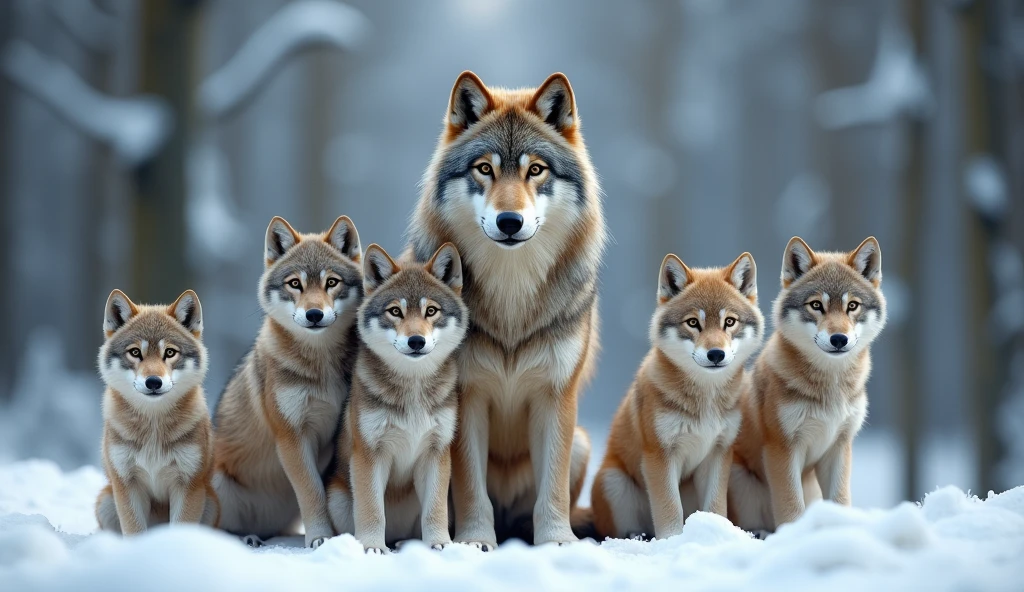 a hyper-realistic, photorealistic image of a stunning wolf family. The family includes a majestic father wolf, a graceful mother wolf, and 5 diferent wolf pups of various ages (each one in diferent sizes). Each wolf displays unique colors and fur patterns, They are all calmly gazing at the viewer, embodying a sense of tranquility and strength. The background features a softly blurred snowy forest, adding depth and a serene atmosphere. The wolves' fur is remarkably beautiful, capturing their natural elegance and power