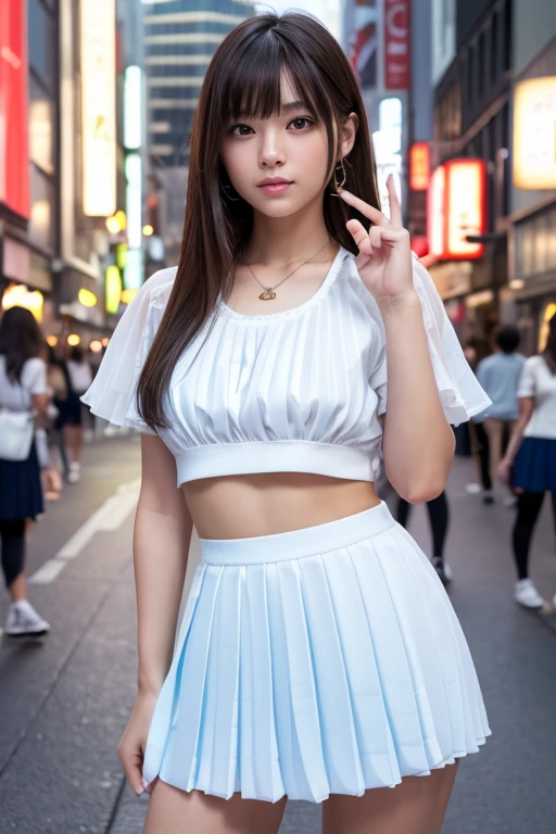 Product quality,1 girl,Cowboy Shot,Front view,(Thigh Emphasis:1.6),Young and sexy Japanese girl,20-year-old,Harajuku,(Crowded street:1.4),Snazzy(Blue:1.5),shirt,wear,(Snazzyバッグ:1.3),Fashionable necklaces,Snazzyイヤリング,((White super short micro pleated mini skirt:1.5)),wear,Very cute face,Glossy Lips,Double eyelids on both eyes,(Natural Makeup),shiny smooth light brown long hair,,,Asymmetrical bangs,Center image,8k resolution,Attention to detail,Detailed hairstyle,Detailed face,Cinema Lighting,Octane Rendering,Ultra-realistic,Perfect limbs,(Detailed fingers:1.5),Beautiful legs,Voluptuous thighs,Huge breasts,Perfect Anatomy,(Model pose:1.3)