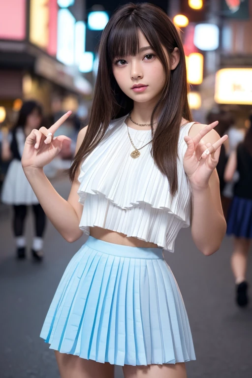 Product quality,1 girl,Cowboy Shot,Front view,(Thigh Emphasis:1.6),Young and sexy Japanese girl,20-year-old,Harajuku,(Crowded street:1.4),Snazzy(Blue:1.5),shirt,wear,(Snazzyバッグ:1.3),Fashionable necklaces,Snazzyイヤリング,((White super short micro pleated mini skirt:1.5)),wear,Very cute face,Glossy Lips,Double eyelids on both eyes,(Natural Makeup),shiny smooth light brown long hair,,,Asymmetrical bangs,Center image,8k resolution,Attention to detail,Detailed hairstyle,Detailed face,Cinema Lighting,Octane Rendering,Ultra-realistic,Perfect limbs,(Detailed fingers:1.5),Beautiful legs,Voluptuous thighs,Huge breasts,Perfect Anatomy,(Model pose:1.3)