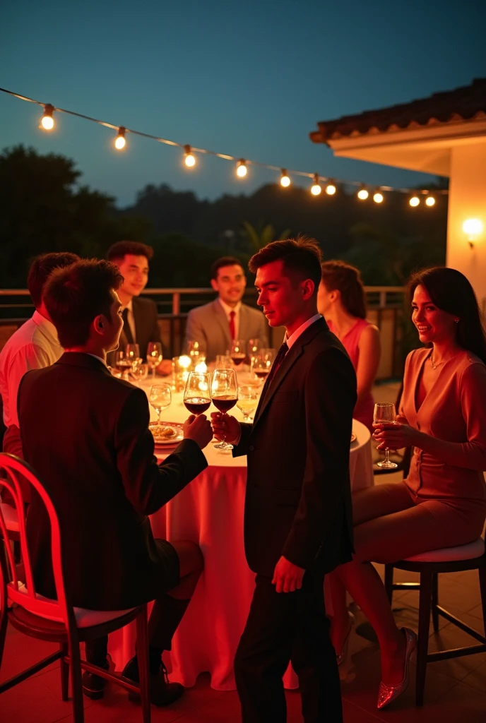 80s style,A group of fashionable people,Chinese,Parties,In the villa garden,On the rooftop,Night,evening,reunion,Reception,wine,Wine Tasting,Suit,High heel(Rich details),(Best quality),Film Style
