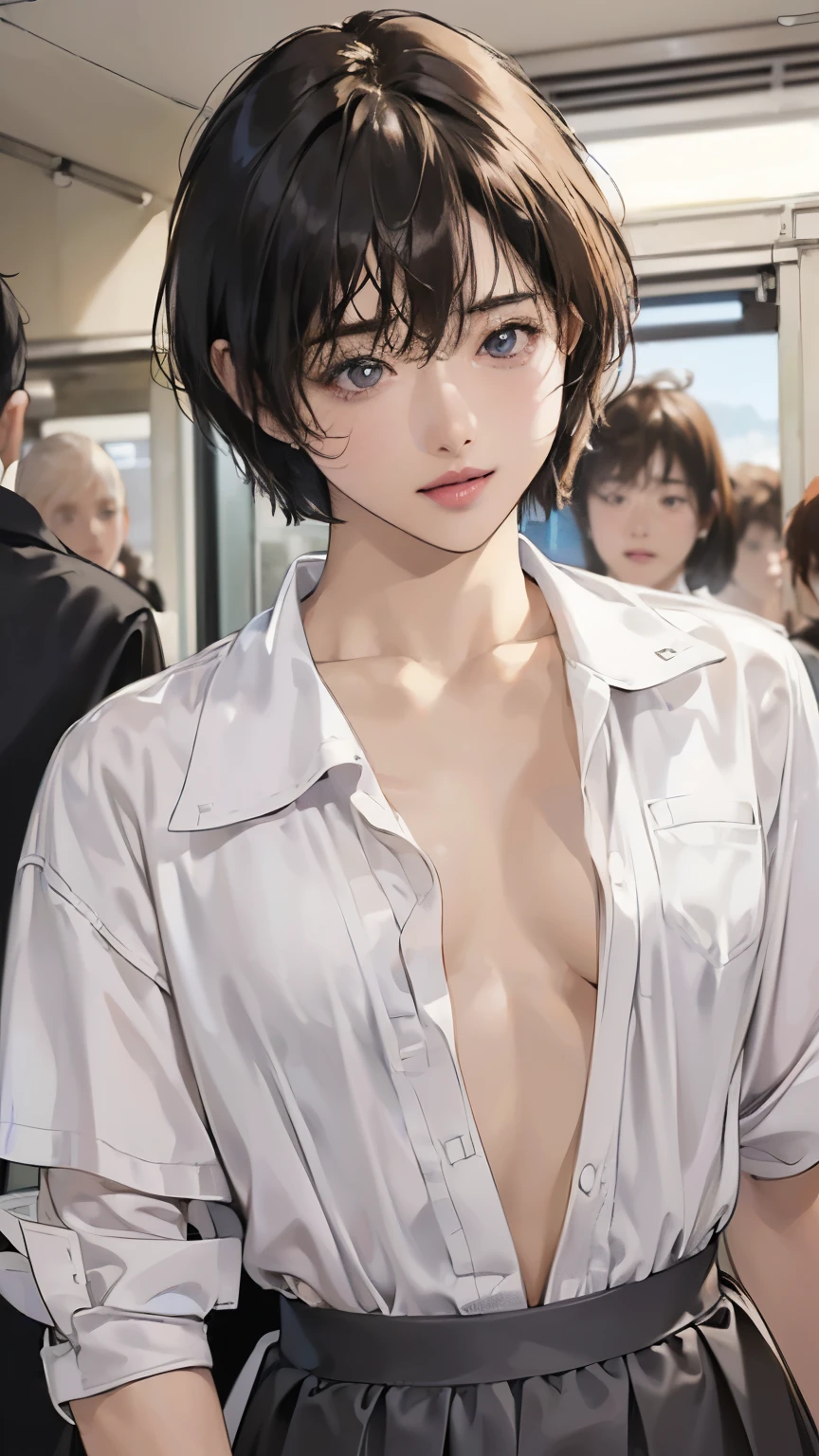 (In 8K、RAW shooting、Highest quality、Masseter region:1.2)、Very detailedな、Ultra-high resolution、(Realistic、Realistic photos:1.37)、Portraiture、High-resolution RAW color photos、Professional photography、hVery detailed and beautiful、Very detailed、8k wallpaper、Very detailedな、Large file size、Official Art、HVery detailed CG Unity 8K wallpapers、hVery detailed beautiful girl、Very detailed顔、Very detailed目、Very detailed皮膚、Very detailed指、hVery detailed nose、Very detailed詳細な口、Perfect Anatomy、Detailed Background、Detailed clothing、女の子1people々、(20:1.2)、20th Generation、cute、Realistic body、、White skin、Glowing Skin、the body is slim、Black-haired、((Sporty short hair:1.4))、(Messy bangs: 1.5)、cute顔、Lively Faces、Delicate eyes、Source Sequence、((pink and white short sleeve shirt))、((No good))、((Ultra Black Mini Skirt))、((Plain Feet))、((Full Body Shot))、Earrings、necklace、((振り返ってmaleを見る))、Cowboy Shot、Contrapo、Dynamic Lighting、((Firm D-cup milk:1.4))、((In a crowded train))、((male１people々))、((30:1.5))、((maleが彼女を後ろから抱きしめる))、((maleがシャツを開ける、Exposing the breasts:1.9))、((maleの首に腕を回す:1.5))、((maleが彼女の胸を鷲掴みにしている:1.9))、((Standing posture))、((I can see milk:1.5))、(The mini skirt sways sexily:  1.3)、(White open shirt:1.9)、((Sad look))、((彼女は振り返ってそのmaleにキスした.))、((maleの視点))、