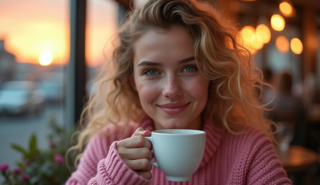 beautiful blonde wearing pink sweater (drinking coffee in a modern cafe at sunset), very detailled, 21 years old, inoccent face, natural curly hair, blue colored eyes, high resolution, work of art, best qualityer, details Intricate, very detailled, sharp focus, delicate skin, real skin texture, texture, Delicate Eyes, proffesional, 4K, charming smile, Canon shooting, 85mm, deep superficial view, Cores Kodak Vision, perfect shape body, very detailled, photoshot_\(extremist\), photoshotreal, real, Post-processing, Maximum details, roughness, real-life, extremist real, photoshot写实主义, photoshotgraphy, 8k in ultra high definition, photoshotgraphy