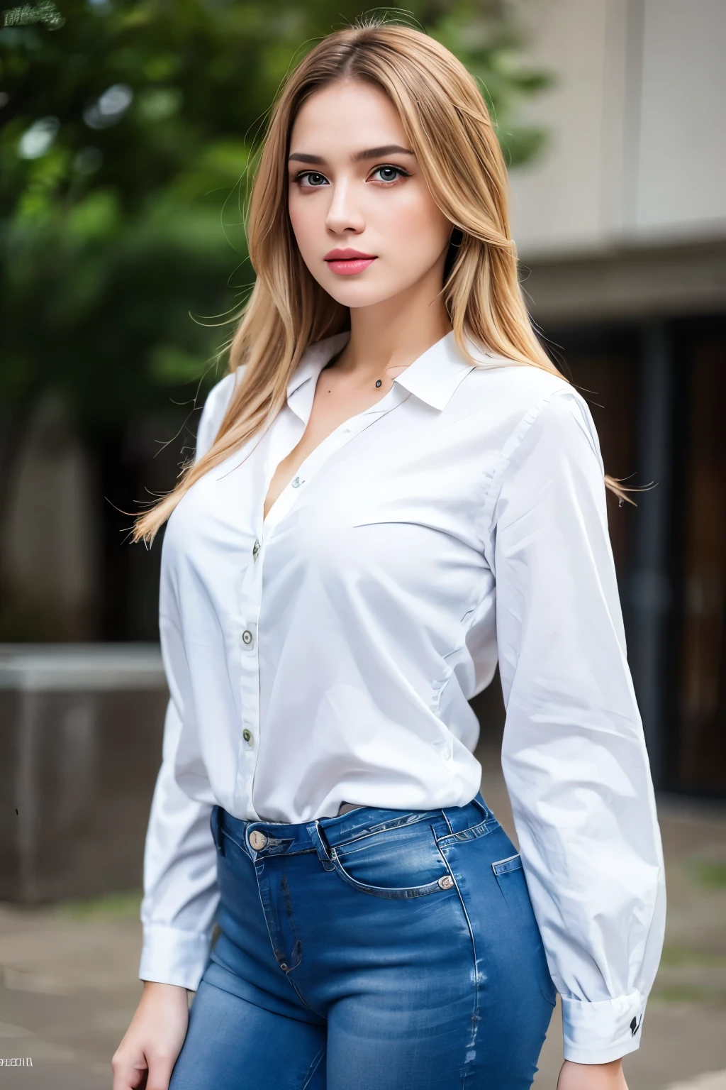 best quality, high resolution, ultra detailed, realistic, fashion model shoot, a blonde woman, green eyes, wearing a white shirt, blue jeans, dynamic lighting