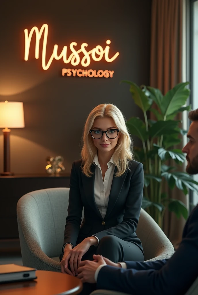 Create an image of a psychology office with a name sign "Mussoi Psychology". The atmosphere is chic and cozy, with sophisticated furniture and a comfortable armchair for the psychologist and another for the patient. There is a stylish plant in the background.
The psychologist is a blonde woman, green-eyed, With shoulder-length hair, and an athletic build. she wears glasses, is wearing a suit and is sitting in the armchair, attending to a patient whose face is not visible.
