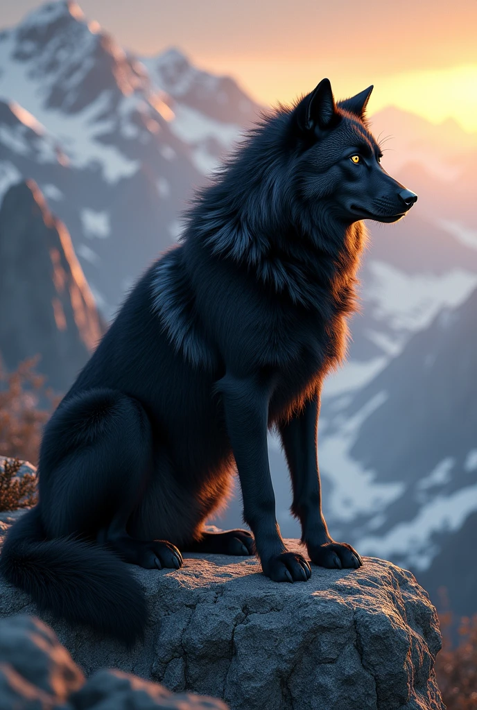 Black wolf sitting in the mountains looking at the horizon, beautiful distant image