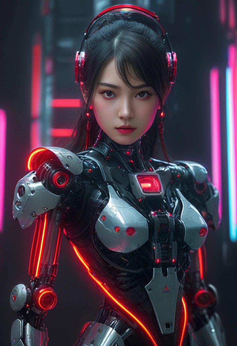 xxmixgirl. Highly detailed professional 35mm film, bokeh, face in sharp focus. A robotic female, Miku, with ((metal skin)), ((perfect Asian eyes)) with magenta irises and ((black pupils)), beautiful serious (detailed face), 18 year old ((photorealistic face)), very long magenta twin tails of magenta hair, twin black hair ties with a single red stripe. She may have a black audio headpiece. We can see her ((full body)) down to her boot soles. Her outfit is a sleeveless collared light grey shirt, outlined in red around the frilled collar and hems. Shiny reflective ((metallic breast cups, dimpleless)), invisible nipples. She wears black sleeves with red hems that start around her upper arm and bellow out as the sleeves open and extend to her wrists, with wide trumpet red rimmed cuffs. She has perfect robotic (detailed hands). She wears a red colored tie with two horizontal solid parallel black lines halfway across. She wears a fabric black skirt with a horizontal red hem at the bottom all the way around; her (((black skirt wraps around her))) and ((her skirt completely covers)) her robotic waist and thighs. Tall black boots with red bottom soles, a red rim around the top at her thighs. Her mechanical shoulder joints are visible. We can see her robotic legs and robotic neck. Half of her is covered with shiny polished machinery. The background is a distant dark neon futuristic Japanese city, gold, cyan, violet neon, near harbor or mountains.