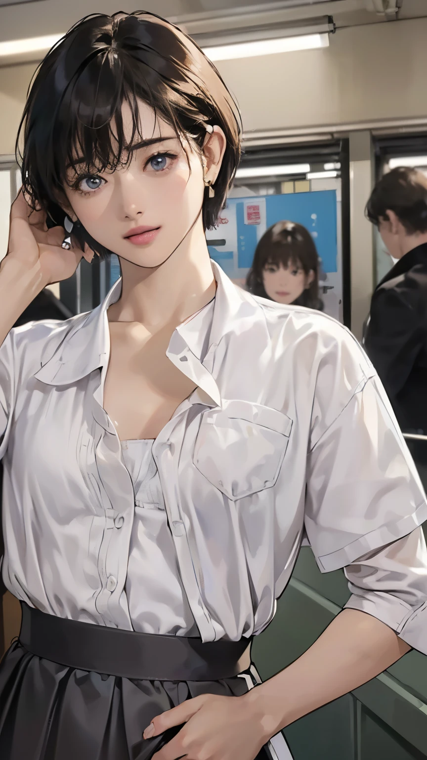 (In 8K、RAW shooting、Highest quality、Masseter region:1.2)、Very detailedな、Ultra-high resolution、(Realistic、Realistic photos:1.37)、Portraiture、High-resolution RAW color photos、Professional photography、hVery detailed and beautiful、Very detailed、8k wallpaper、Very detailedな、Large file size、Official Art、HVery detailed CG Unity 8K wallpapers、hVery detailed beautiful girl、Very detailed顔、Very detailed目、Very detailed皮膚、Very detailed指、hVery detailed nose、Very detailed詳細な口、Perfect Anatomy、Detailed Background、Detailed clothing、女の子1people々、(20:1.2)、20th Generation、cute、Realistic body、、White skin、Glowing Skin、the body is slim、Black-haired、((Sporty short hair:1.4))、(Messy bangs: 1.5)、cute顔、Lively Faces、Delicate eyes、Source Sequence、((pink and white short sleeve shirt))、((No good))、((Ultra Black Mini Skirt))、((Plain Feet))、((Full Body Shot))、Earrings、necklace、((振り返ってmaleを見る))、Cowboy Shot、Contrapo、Dynamic Lighting、((Firm D-cup milk:1.4))、((In a crowded train))、((male１people々))、((30:1.5))、((maleが彼女を後ろから抱きしめる))、((maleがシャツを開ける、Exposing the breasts:1.9))、((maleの首に腕を回す:1.5))、((maleが彼女の胸を鷲掴みにしている:1.9))、((Standing posture))、((I can see milk:1.5))、(The mini skirt sways sexily:  1.3)、(White open shirt:1.9)、((Sad look))、((彼女は振り返ってそのmaleにキスした.))、((maleの視点))、