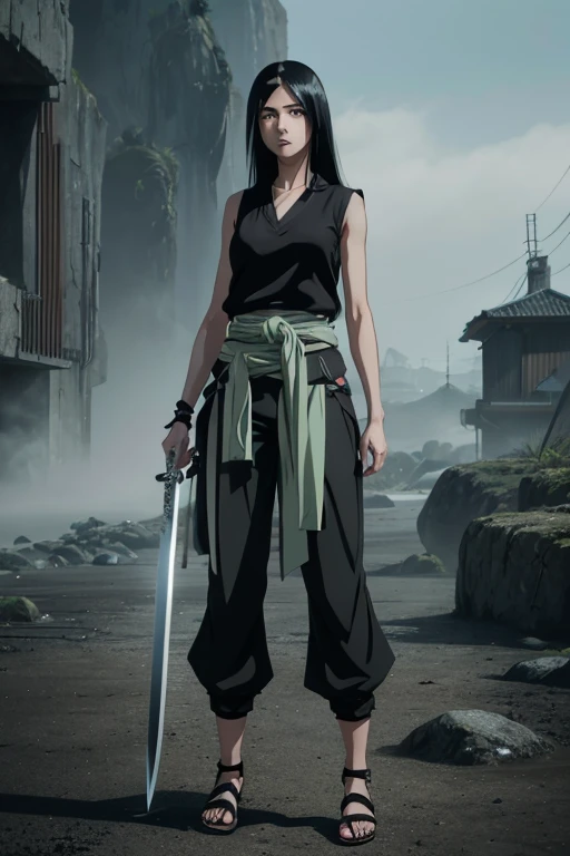 one woman, 8k resolution full body, perfect detailed facial features, grey top outfit, black shinobi sandals, grey pants with light green waist ribbon, sword sheathed on back, concept art, naruto inspired, masashi kishimoto art style, brown eyes, long black hair down ((long flowing black hair)) , cold expression, blood splatters ((PERFECT FACE))