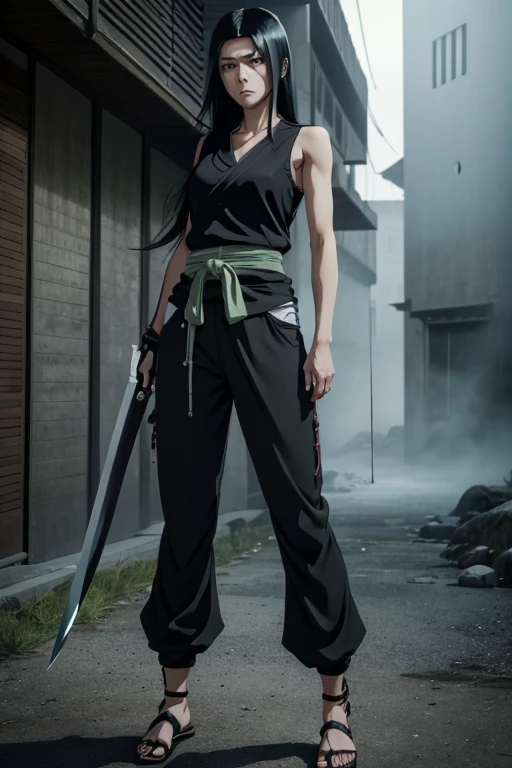 one woman, 8k resolution full body, perfect detailed facial features, grey top outfit, black shinobi sandals, grey pants with light green waist ribbon, sword sheathed on back, concept art, naruto inspired, masashi kishimoto art style, brown eyes, long black hair down ((long flowing black hair)) , cold expression, blood splatters ((PERFECT FACE)) 