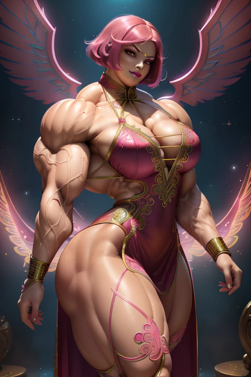 (Close view), tall, (shocking pink hair), muscular woman, angled bob cut, light brown skinned, closed smile, (black lipstick), ((massive muscles)), (hyper muscle), ((ginormous bulky muscles)), ((glowing red eyes)), (((sparkling pink cheongsam dress embroidered with intricate designs))), (giant angel wings), gauntlets, choker, thigh high boots, (in the Sky)