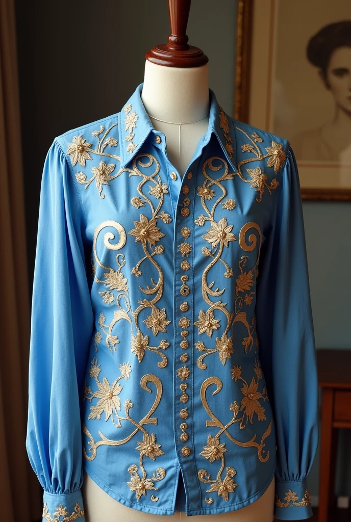 I want a blue and white shirt with gold embroidery.
