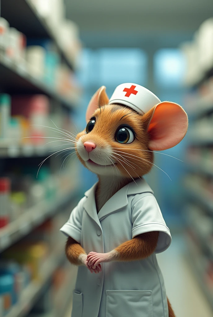 A mouse working in a pharmacy in a nurse's uniform