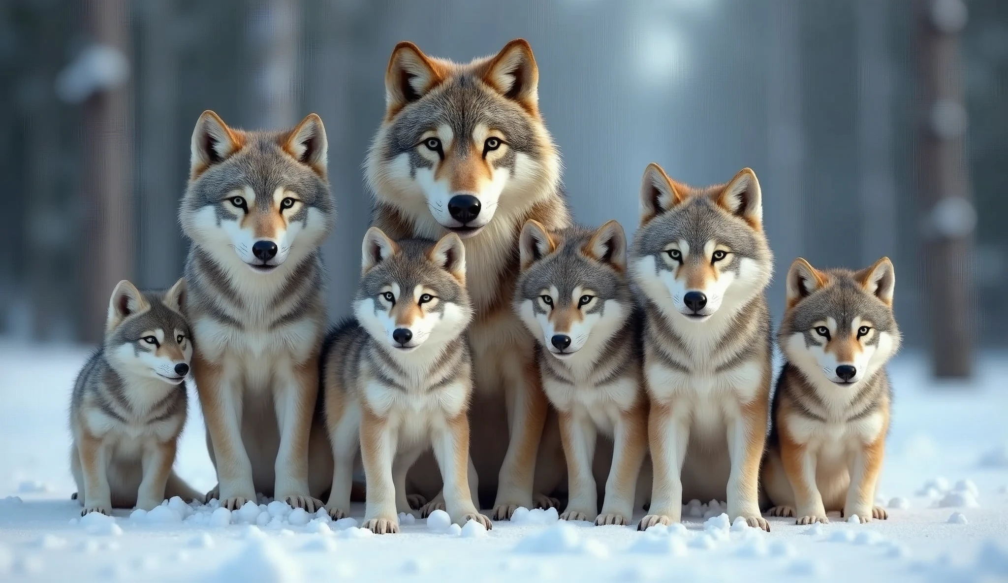 a hyper-realistic, photorealistic image of a stunning wolf family. The family includes a majestic father wolf, a graceful mother wolf, and 5 diferent wolf pups of various ages (each one in diferent sizes). Each wolf displays unique colors and fur patterns, They are all calmly gazing at the viewer, embodying a sense of tranquility and strength. The background features a softly blurred snowy forest, adding depth and a serene atmosphere. The wolves' fur is remarkably beautiful, capturing their natural elegance and power