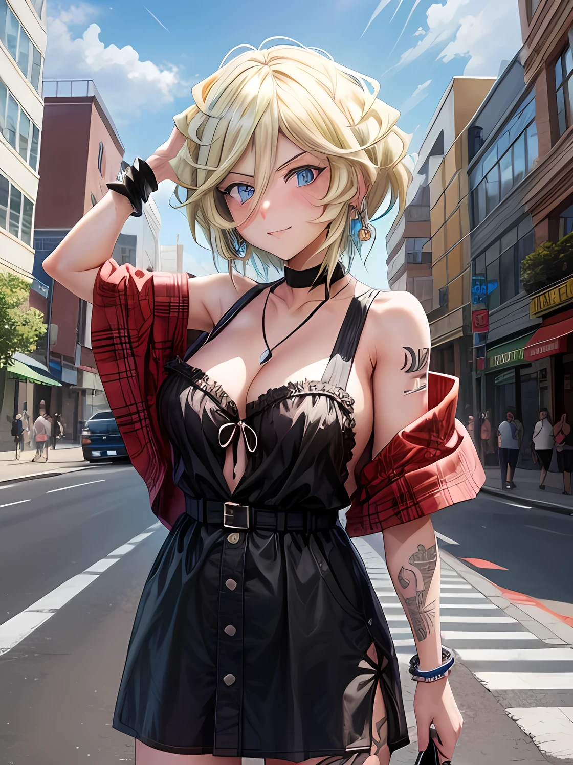 score_9, score_8_superior, score_7_superior, sauce_anime, Expressive, anime, comics, dynamic, One girl, Cleavage,Loving girlfriend, makesuperior, Sunburn , two-Toned Up hair, Blue Hair, Gray Hair, choker, jewelry, Tattoo, Wristband, Toned Up, , Earrings, short hair, Undercut Goth, , (superiorから見た図 ) , Loose-fitting clothing , detailed city background ,