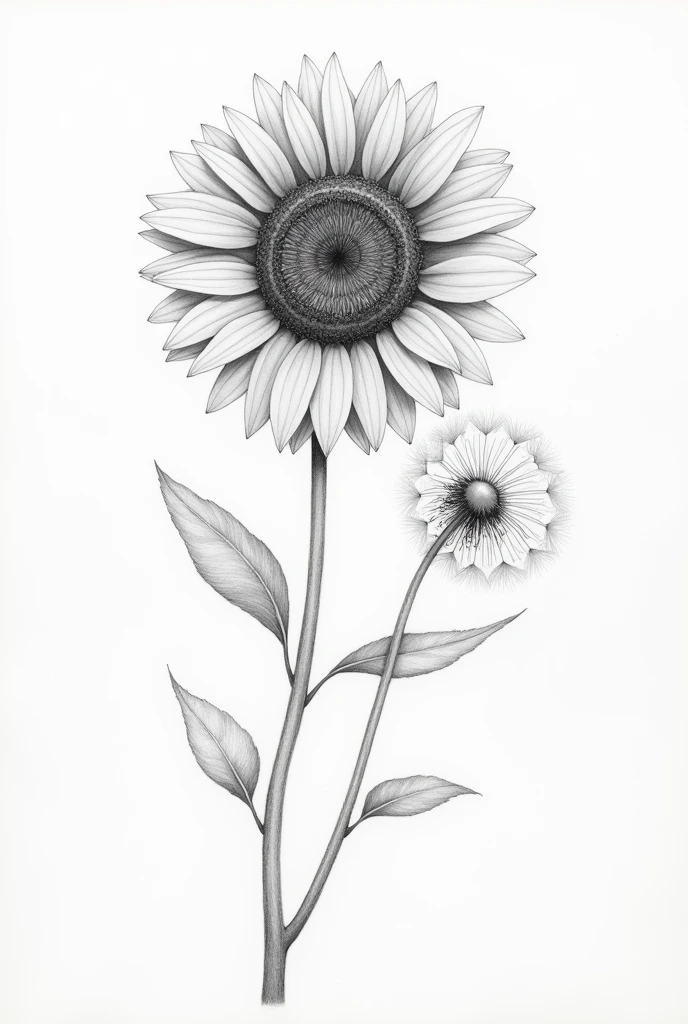 Pencil drawing of a sunflower and dandelion flower