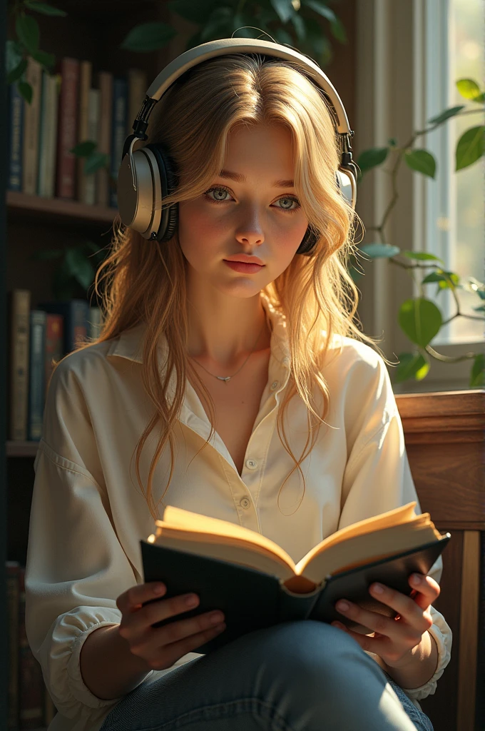 A slim 17 years old blonde girl using big headphones and reading a book