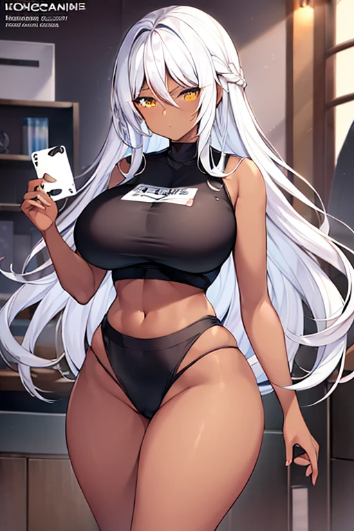 1girl, dark skin, black skin, dark-skinned female, white hair, long hair, large breasts, wide hips, thick thighs, shirt, sportswear, shy, sports bra, hourglass figure, mature female, skin tight, tight clothes, text, number, ((card_\(medium\) ))