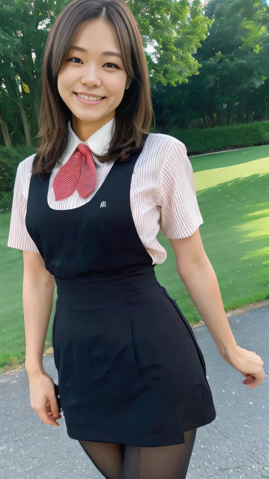 Highest quality、8k、masterpiece、Ultra-high resolution、Clear photos、Professional Lighting、Natural light、Realistic,、Highly detailed skin、Perfect Anatomy、(Beautiful Hands)、(Beautiful fingers)、Two Women、Age 25、Baby Face:1.8、Large Breasts、(Large areola)、Glamour、Bob Hair、Brown Hair、Beautiful Hair、smile、Star Uniform、Black vest、Short sleeve shirt、Black tight mini skirt、((Perfect Pantyhose:1.2))、((Black Pantyhose:1.1))、At the golf course、Standing on the grass、Attractive pose、((Two Womenが抱き合っている))