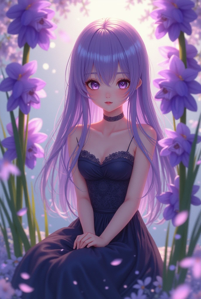Masterpiece, best quality, realistic, extremely detailed face, 1girl, solo , in a hyacinth flower swing, light particles, long hair, purple hair, lilac eyes, cute,medium chest, beautiful,big eyes,pose, dark dress, sitting,flowers, anime style, detailed doll-like face