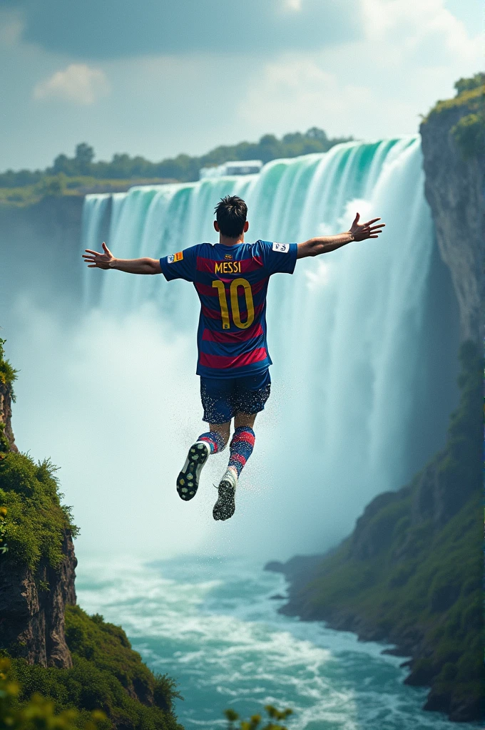 Generate messi with short hair jump in the niagara waterfall