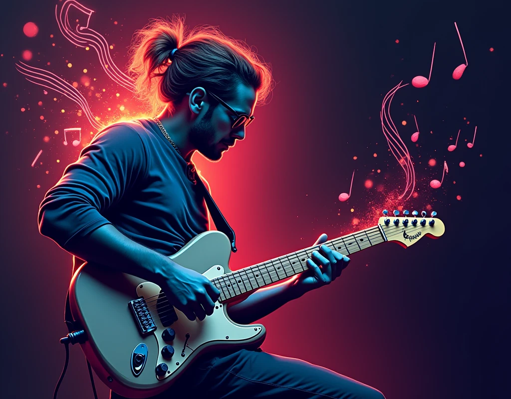 Create an image with a musician playing the guitar and rhythmic figures of music coming out of his ear