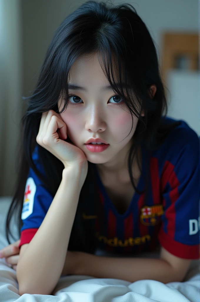 Black-haired Asian girl lying on a bed looking in front of the camera, wearing a Barcelona soccer team shirt, with Messi's number 10, black hair, she covering her face with her hand, pale, and long hair