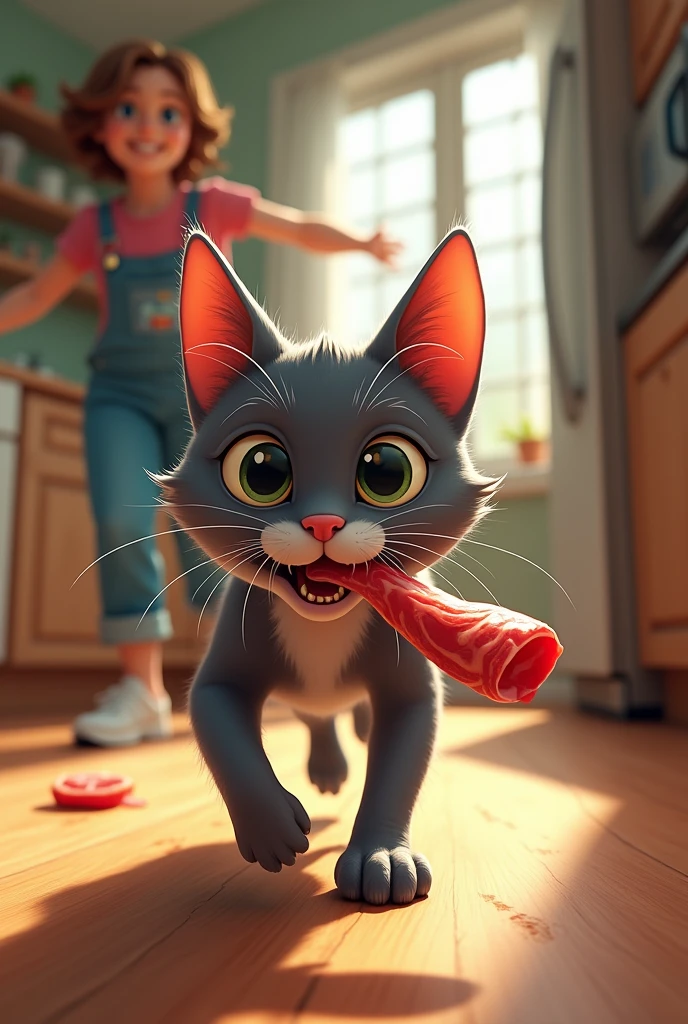 Cat running away from owner with meat in its mouth