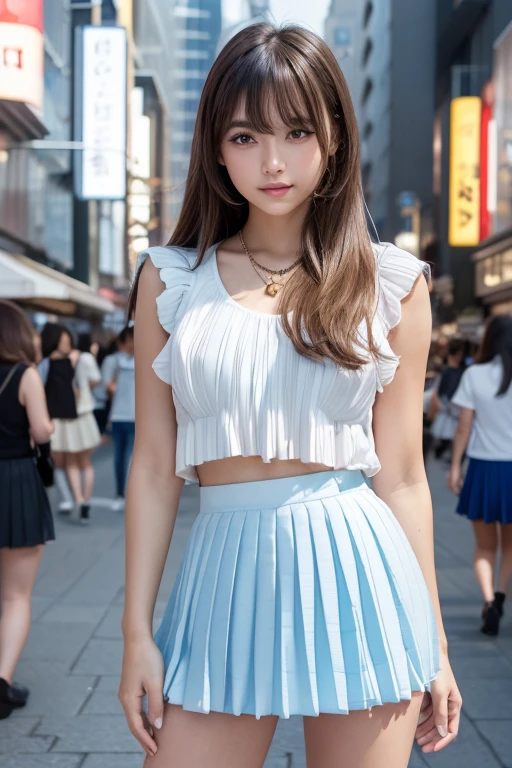 Product quality,1 girl,Cowboy Shot,Front view,(Thigh Emphasis:1.6),Young and sexy Japanese girl,20-year-old,Harajuku,(Crowded street:1.4),Snazzy(Blue:1.5),shirt,wear,(Snazzyバッグ:1.3),Fashionable necklaces,Snazzyイヤリング,((White super short micro pleated mini skirt:1.5)),wear,Very cute face,Glossy Lips,Double eyelids on both eyes,(Natural Makeup),shiny smooth light brown long hair,,,Asymmetrical bangs,Center image,8k resolution,Attention to detail,Detailed hairstyle,Detailed face,Cinema Lighting,Octane Rendering,Ultra-realistic,Perfect limbs,(Detailed fingers:1.5),Beautiful legs,Voluptuous thighs,Huge breasts,Perfect Anatomy,(Model pose:1.3)