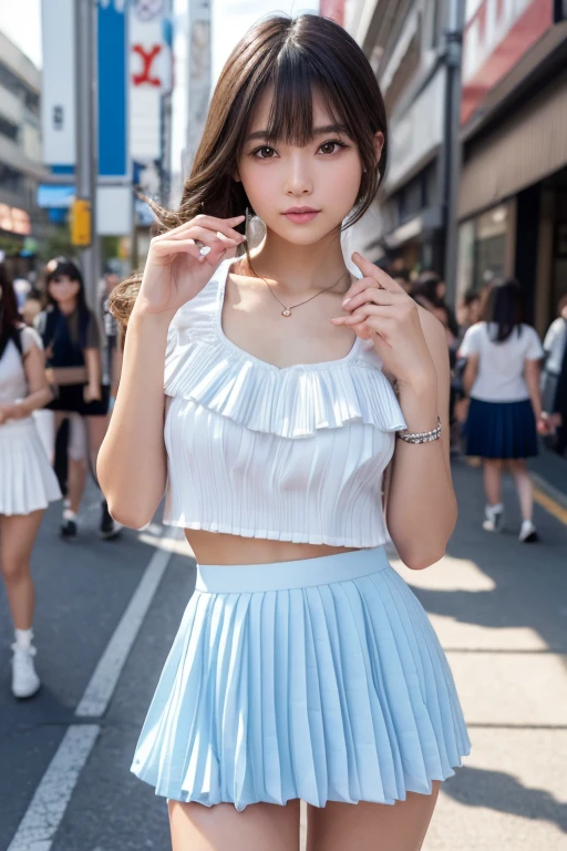 Product quality,1 girl,Cowboy Shot,Front view,(Thigh Emphasis:1.6),Young and sexy Japanese girl,20-year-old,Harajuku,(Crowded street:1.4),Snazzy(Blue:1.5),shirt,wear,(Snazzyバッグ:1.3),Fashionable necklaces,Snazzyイヤリング,((White super short micro pleated mini skirt:1.5)),wear,Very cute face,Glossy Lips,Double eyelids on both eyes,(Natural Makeup),shiny smooth light brown long hair,,,Asymmetrical bangs,Center image,8k resolution,Attention to detail,Detailed hairstyle,Detailed face,Cinema Lighting,Octane Rendering,Ultra-realistic,Perfect limbs,(Detailed fingers:1.5),Beautiful legs,Voluptuous thighs,Huge breasts,Perfect ???????,(Model pose:1.3)