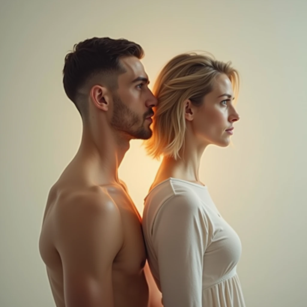 The image should depict a person in the midst of transforming from a man into a woman. The scene is set against a neutral, softly lit background to highlight the figure. The person should be shown in a series of overlapping stages, almost like a time-lapse but captured in a single still frame. On one side, the person appears more masculine, with short hair, broader shoulders, and angular facial features. As the transformation progresses towards the other side, the figure becomes more feminine, with longer hair, softer facial features, and a curvier silhouette. The clothing subtly changes along with the transformation, blending masculine and feminine elements. The overall atmosphere should feel serene and empowering, with a gentle, glowing light that symbolizes the merging of identities.