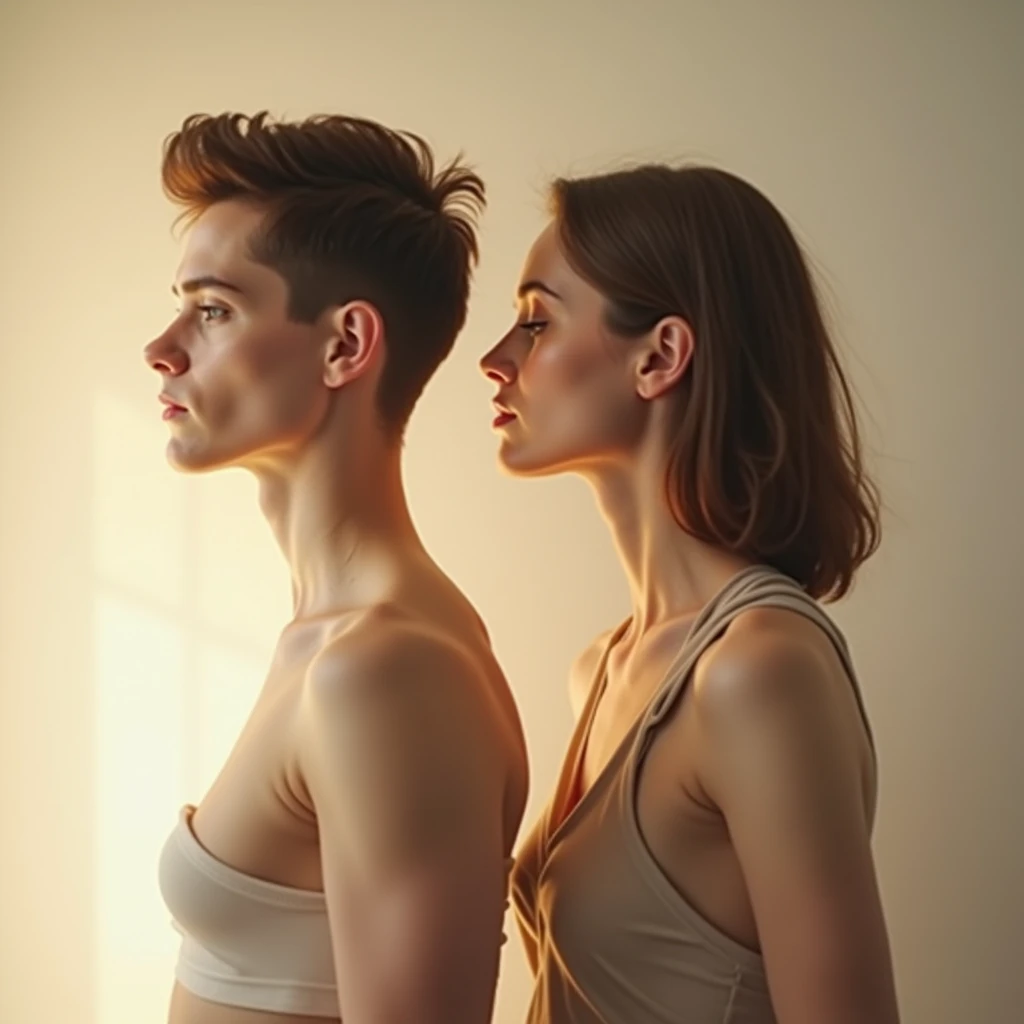The image should depict a person in the midst of transforming from a man into a woman. The scene is set against a neutral, softly lit background to highlight the figure. The person should be shown in a series of overlapping stages, almost like a time-lapse but captured in a single still frame. On one side, the person appears more masculine, with short hair, broader shoulders, and angular facial features. As the transformation progresses towards the other side, the figure becomes more feminine, with longer hair, softer facial features, and a curvier silhouette. The clothing subtly changes along with the transformation, blending masculine and feminine elements. The overall atmosphere should feel serene and empowering, with a gentle, glowing light that symbolizes the merging of identities.