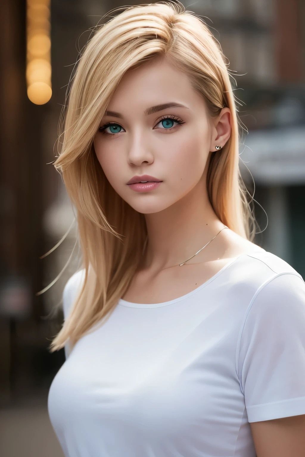 best quality, high resolution, ultra detailed, realistic, fashion model shoot, a blonde woman, green eyes, wearing a white shirt, blue jeans, dynamic lighting