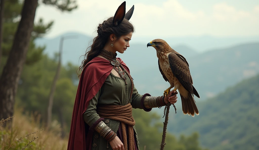 Create an image of a character with animal features, such as ears or a tail, wearing a traditional outfit and interacting with a bird of prey that is perched on their arm. Incorporate a panoramic view and a wooded environment