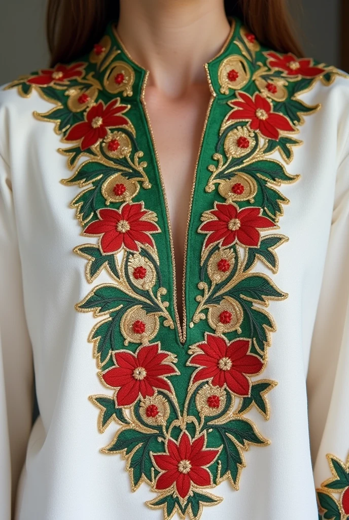 I want a white shirt with green and red with gold embroidery