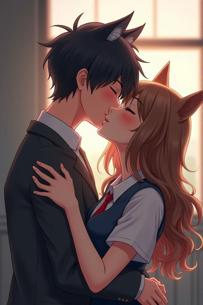 Realistic 2D anime drawing teenage boy short black hair cat ears closed eyes school clothes kissing girl with long brown wavy hair wolf ears closed eyes school clothes