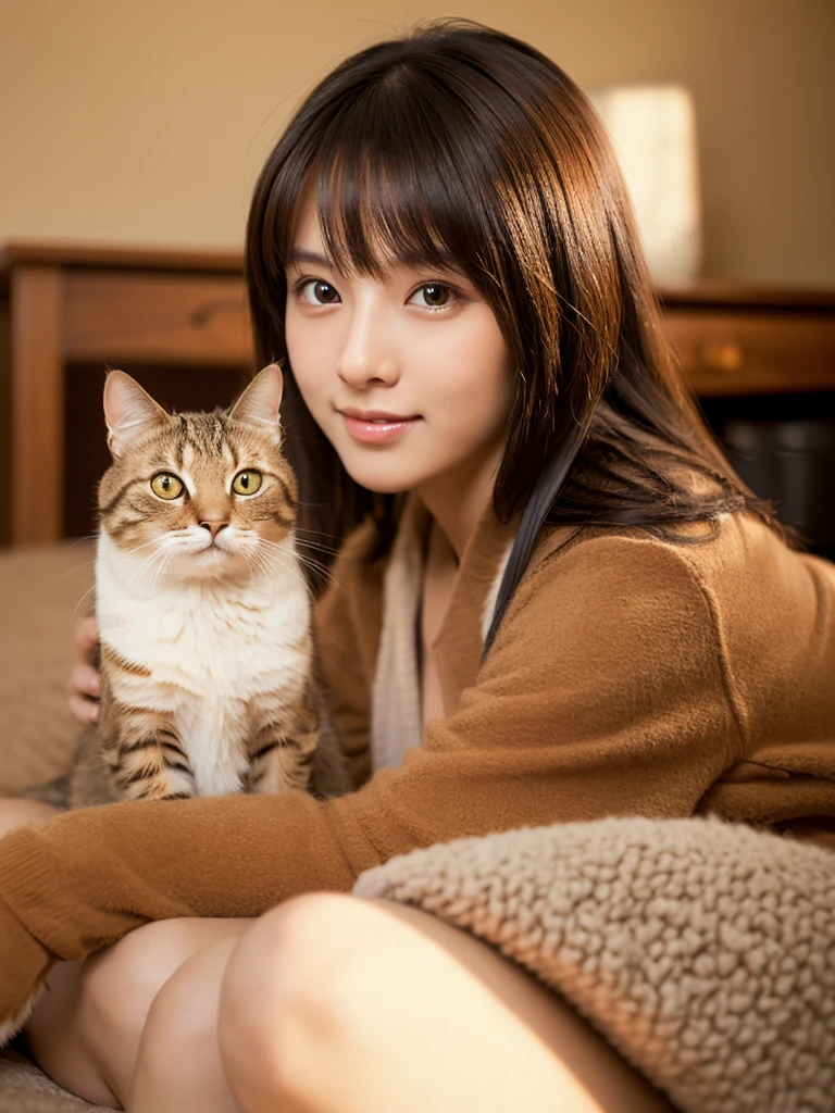 Ultra-detailed 40K photo, masterpiece, ultra high res, (photo realistic:2.0), soft warm lighting, ultra detailed vast background, front view, full body shot, an ultra-detailed Japanese girl, Posing as a ultra sexy model in an open, inviting expression, with a cat,