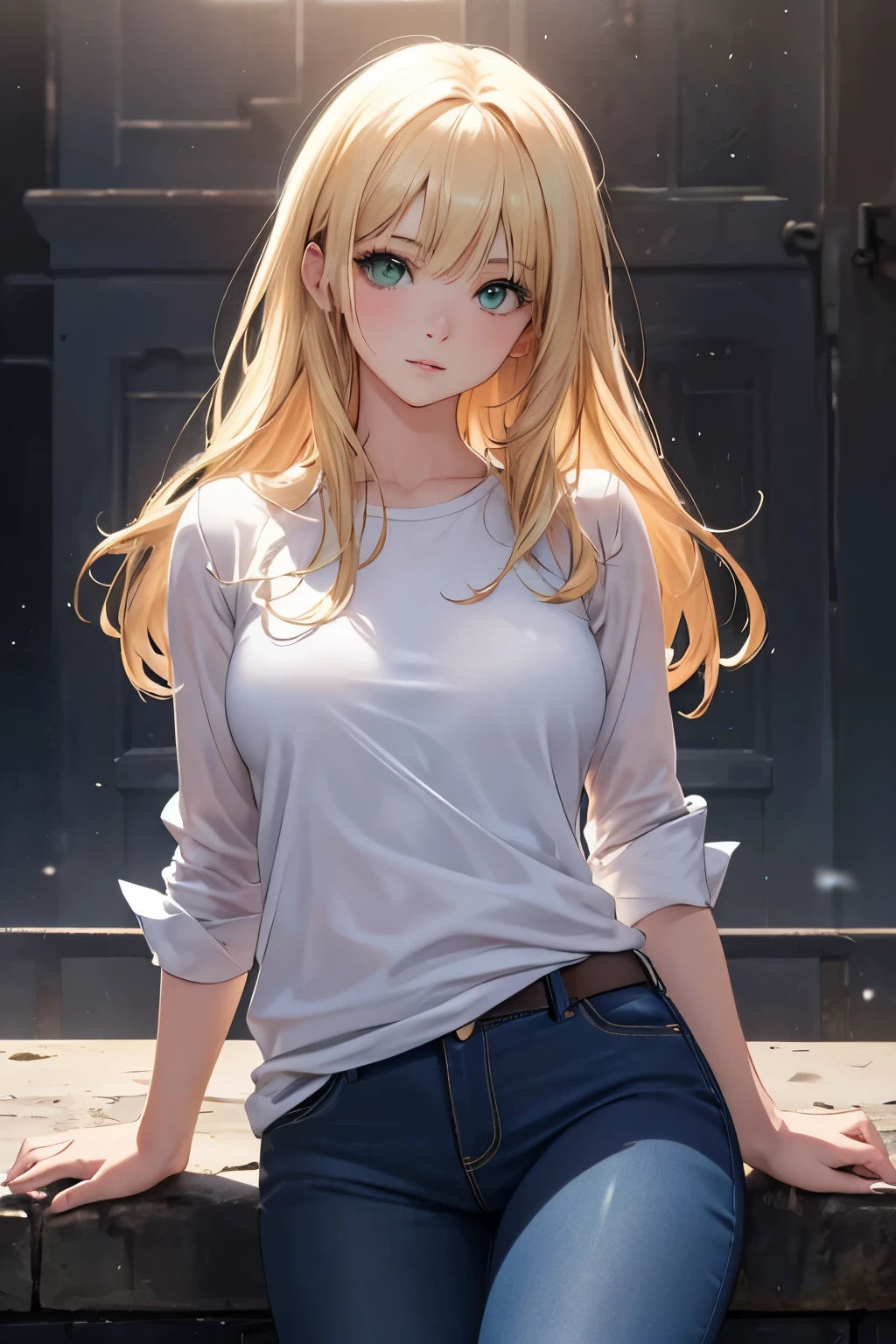 best quality, high resolution, ultra detailed, realistic, fashion model shoot, a blonde woman, green eyes, wearing a white shirt, blue jeans, dynamic lighting