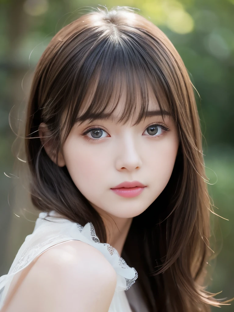 Delicate, porcelain-like skin、Create a hyper-realistic portrait of a young woman with large, expressive blue eyes。Her face is、With slightly messy soft brown hair、It is framed by modest bangs。she、An elegant contrast to pale skin、She is wearing an intricate black lace high neck dress。The background is soft and blurred、The natural light accentuates her facial features.、In particular, the depth of the eyes and the pale pink of the lips are emphasized.。Her expression is calm and quiet、There is an introspective atmosphere。The overall image is gentle and delicate.、Skin Texture、Dress lace pattern、And pay attention to the details, especially the interplay of natural light on the face.。The lighting is soft and uniform.、Focus on capturing her fleeting beauty.。