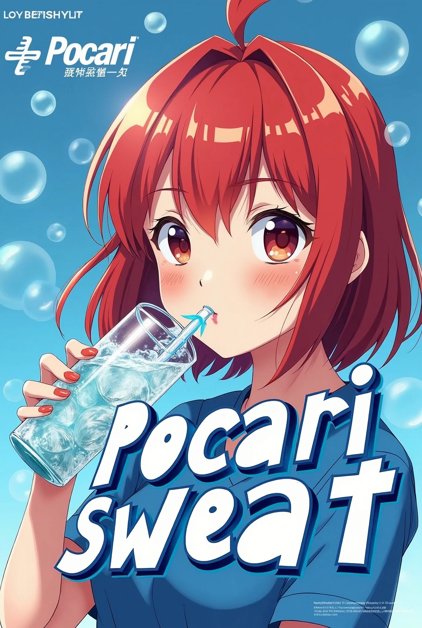 Create a vibrant, ultra-high-definition anime typography poster in 16K resolution that captures the refreshing and energetic essence of a beautiful anime-style female character drinking Pocari Sweat. | Visualize a stunning anime girl with bright red hair, cute freckles, and large, expressive eyes, taking a refreshing sip of Pocari Sweat. Her expression is one of pure satisfaction and rejuvenation, with an anime-inspired, lively, and dynamic style that emphasizes her beauty and vitality. | The typography should be bold and playful, with modern Japanese-inspired fonts that highlight the brand and the refreshing qualities of the drink. Incorporate the Pocari Sweat logo prominently, ensuring it harmonizes with the character and the overall design. | The background features a clean, minimalistic setting with light, airy tones of blue and white, enhancing the fresh and hydrating feel. Use motion lines and anime effects to emphasize the energy and liveliness of the scene. | The composition should focus on the typography as a central element, integrated seamlessly with the anime artwork. The poster should evoke a sense of refreshment and energy, with vibrant colors, crisp details, and stylish, eye-catching text that appeals to anime fans and effectively conveys the brand’s message. | Keywords: (anime girl:1.3), ((red hair)), ((cute freckles):1.2), ((refreshing expression)), ((modern Japanese typography):1.3), ((Pocari Sweat)).