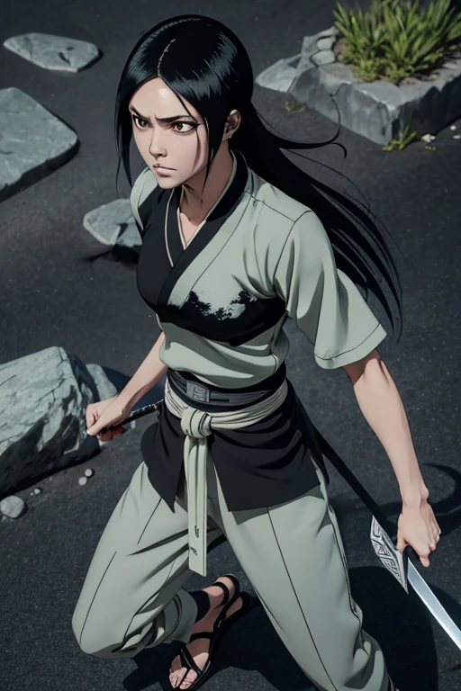 one woman, 8k resolution full body, perfect detailed facial features, grey top outfit, black shinobi sandals, grey pants with light green waist ribbon, sword sheathed on back, concept art, naruto inspired, masashi kishimoto art style, brown eyes, long black hair down ((long flowing black hair)) , cold expression, blood splatters ((PERFECT FACE)) 