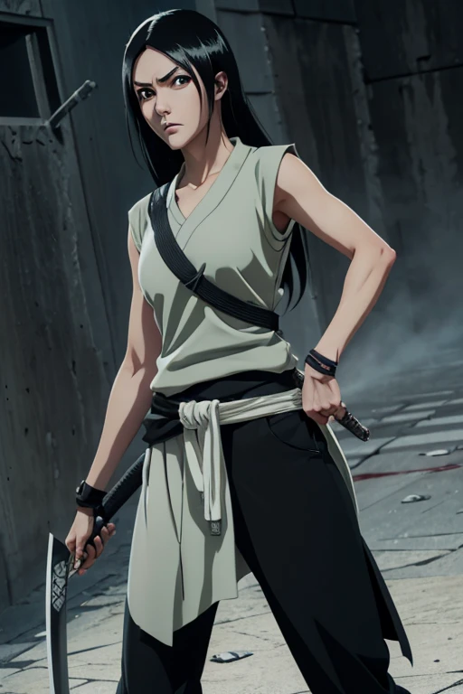 one woman, 8k resolution full body, perfect detailed facial features, grey top outfit, black shinobi sandals, grey pants with light green waist ribbon, sword sheathed on back, concept art, naruto inspired, masashi kishimoto art style, brown eyes, long black hair down ((long flowing black hair)) , cold expression, blood splatters ((PERFECT FACE)) 