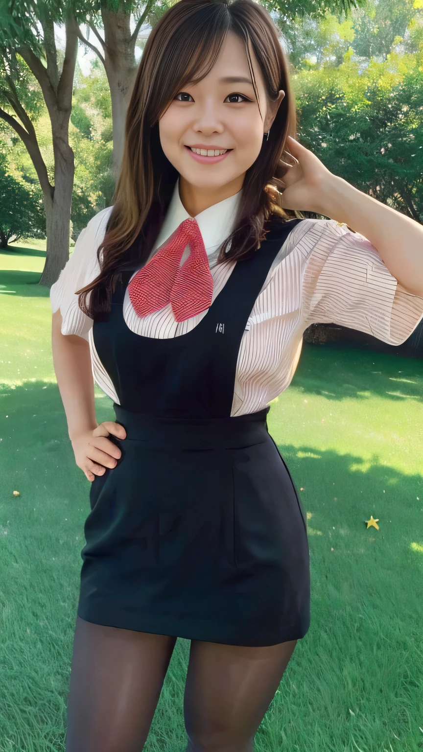 Highest quality、8k、masterpiece、Ultra-high resolution、Clear photos、Professional Lighting、Natural light、Realistic,、Highly detailed skin、Perfect Anatomy、(Beautiful Hands)、(Beautiful fingers)、Two Women、Age 25、Baby Face:1.8、Large Breasts、(Large areola)、Glamour、Bob Hair、Brown Hair、Beautiful Hair、smile、Star Uniform、Black vest、Short sleeve shirt、Black tight mini skirt、((Perfect Pantyhose:1.2))、((Black Pantyhose:1.1))、At the golf course、Standing on the grass、Attractive pose、((Two Womenが抱き合っている))