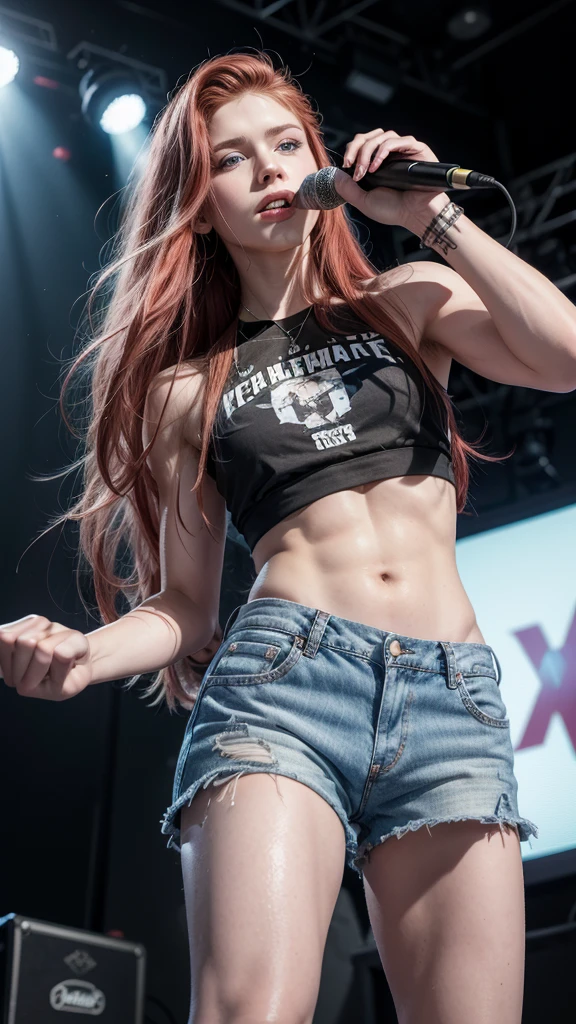 Create a realistic image of an 18-year-old male rock singer. He is white with long, waist-length red hair and blue eyes. His body is natural and athletic. He has a youthful and androgynous face, with striking beauty. He exudes the charisma and style of a rock star. Like a face Avril Lavigne Singer in 2002. Eyes perfect. Eyes BLUE detailed. Standing in front of the microphone. Wearing short jean shorts and no shirt.