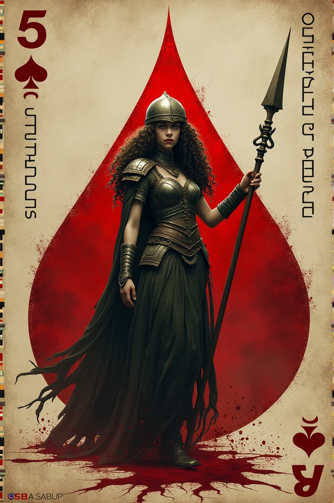I would like an image of a playing card, with a suit in the shape of a drop of blood (🩸), with number 5, it must have details of a girl with curly hair, on his head is a helmet and in his hand a spear, there are also some words in greek.