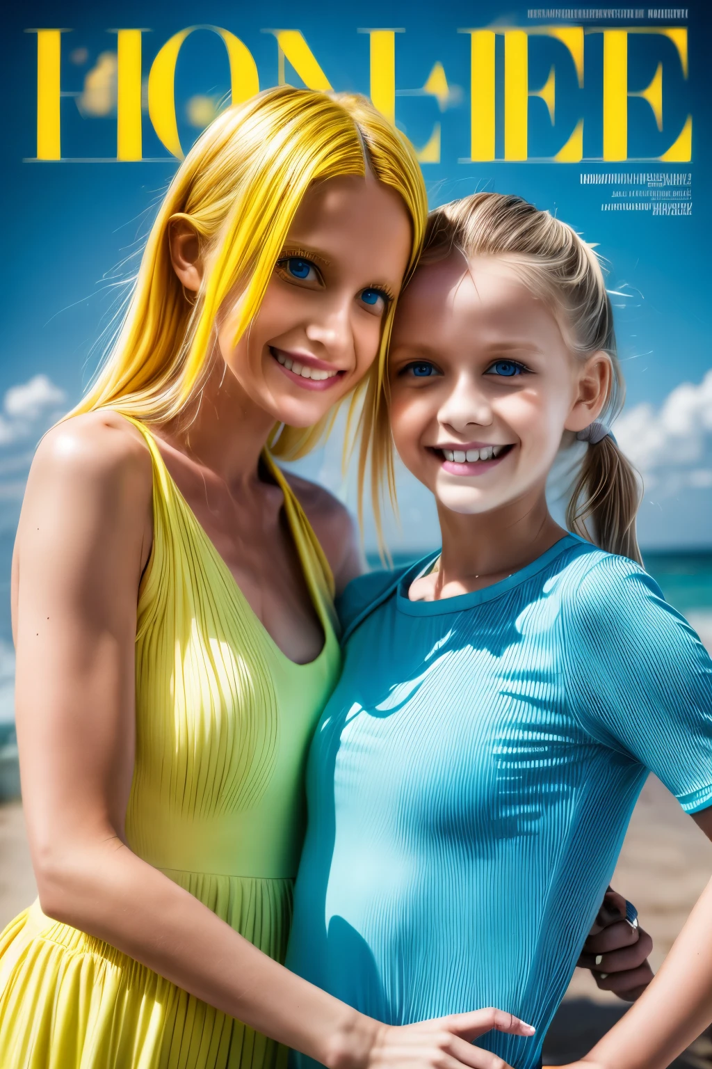 A mother and daughter yellow hair blue eyes on a magazine cover, vibrant colors, high-resolution, realistic portrayal, fashion-forward, loving bond, trendy attire, captivating smiles, natural beauty, professional lighting, contemporary style, artistic composition