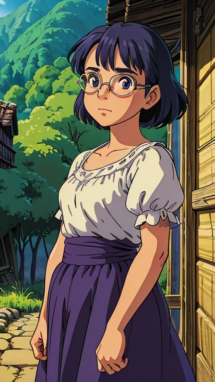 (a girl as Mirabel Madrigal), (extremely detailed CG unit 8k wallpaper),(master part), (best quality), (ultra detail), (best illustration),(ghibli style), cowboy shot,(Sharp eyeliner, ombre, detailed eyes:1), columbian small village, outdoors, GHIBLI_Background,break,upper body, glasses,
