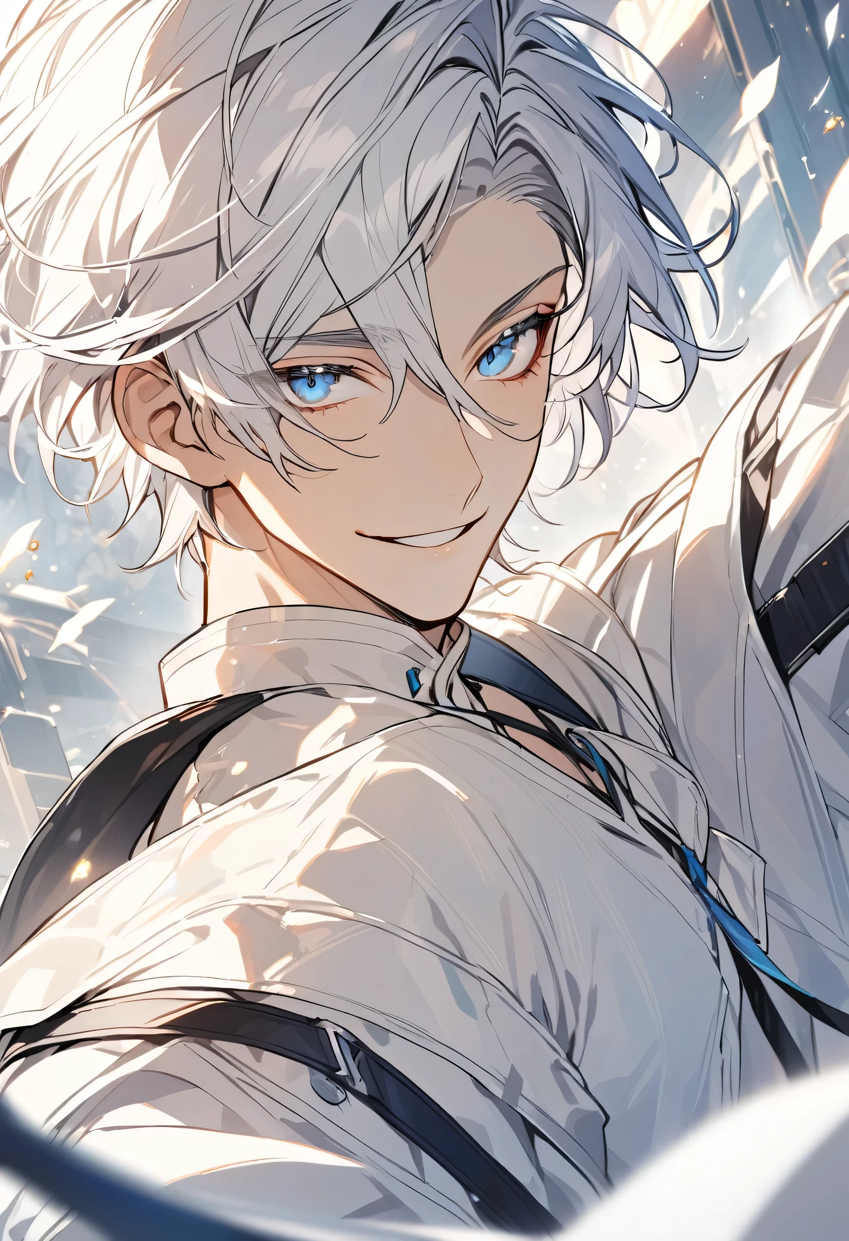 good looking, alone, 1 male, short hair, blue eyes, Gray Hair, White clothes, Smile Facial